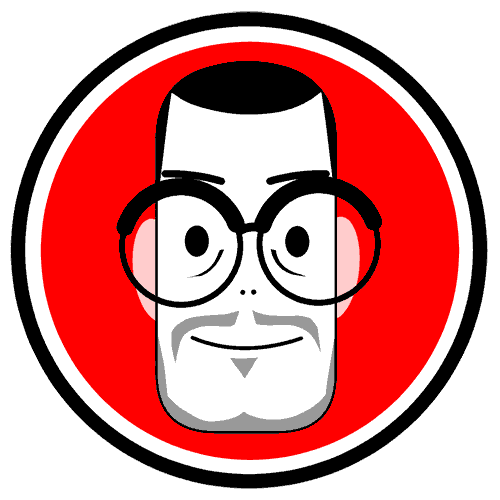 Logo del ilustrador Eduardo Rubio representando su cara girando 360 grados sobre fondo rojo